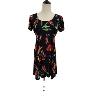 Vtg 90s Wrapper Mini Dress Black Floral Rayon Sz M Pufff Sleeve Grunge Y2K